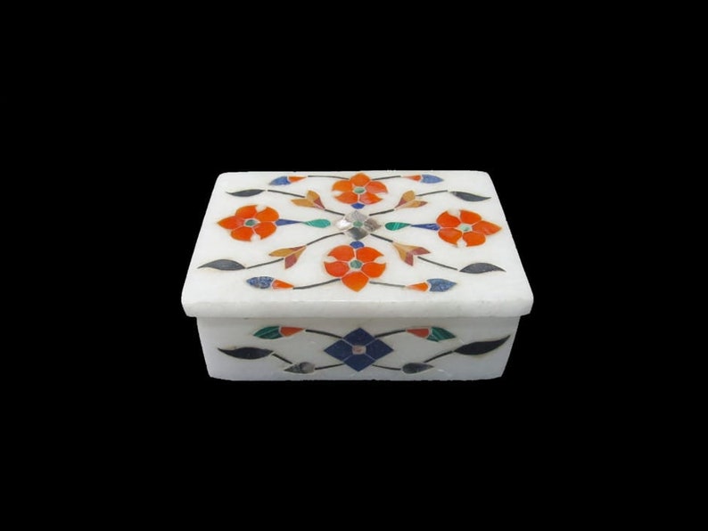 Jewelry Box White Marana Marble Lapis Semi Precious Stone Home Decor Gift
