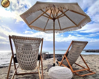 Tumbona de macramé hecha a mano estilo bohemio, tumbona de playa, silla de Camping de madera, muebles de jardín, terraza, tumbona, balcón, decoración del hogar