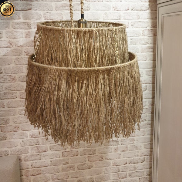 Boho Pendant Light, Jute Fringe Chandelier, Naturalistic Ceiling Lighting, Beach Style Light Fixture