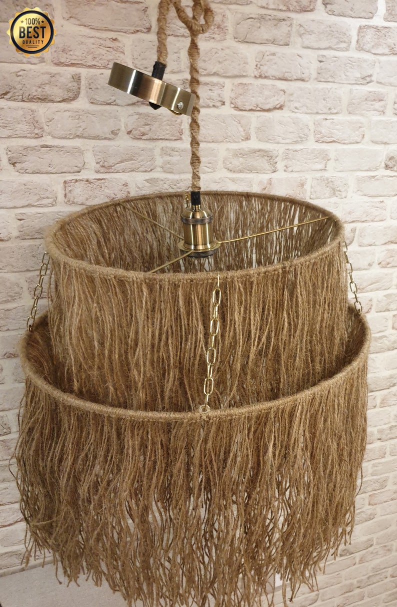 Boho Pendant Light, Jute Fringe Chandelier, Naturalistic Ceiling Lighting, Beach Style Light Fixture zdjęcie 3