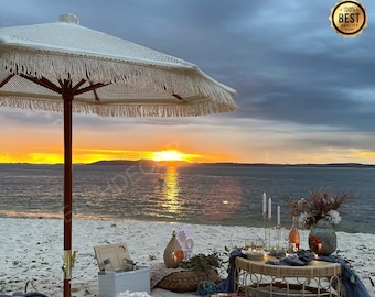 Sombrilla de playa Macrame Boho con dosel de hilo de algodón beige con flecos - Paraguas plegable de estilo balinés para exteriores