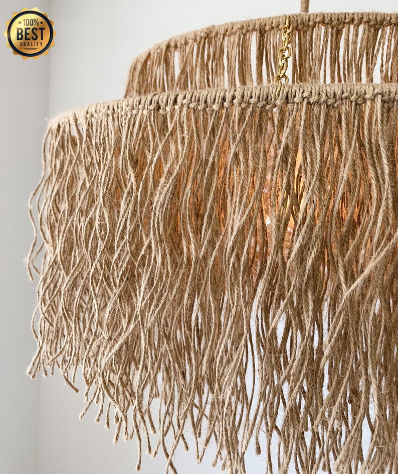 Boho Pendant Light, Jute Fringe Chandelier, Naturalistic Ceiling Lighting, Beach Style Light Fixture zdjęcie 4