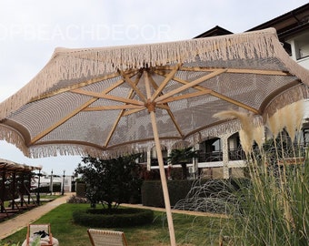 Macrame Boho Beach Parasol With Cappuccino Cotton Yarn Canopy With Fringe - Foldable Balinese Style Outdoor Umbrella