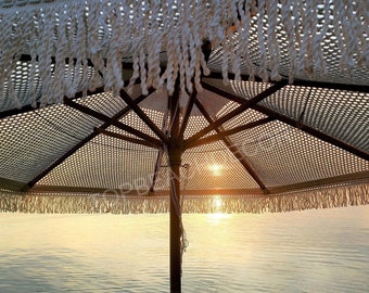 Macrame Boho Cover voor strandparaplu - Parasol Katoengaren Beige met franje