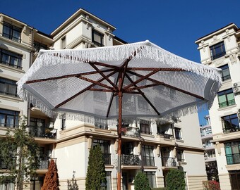 Macrame Boho Beach Parasol With White Cotton Yarn Canopy With Fringe - Foldable Balinese Style Outdoor Umbrella