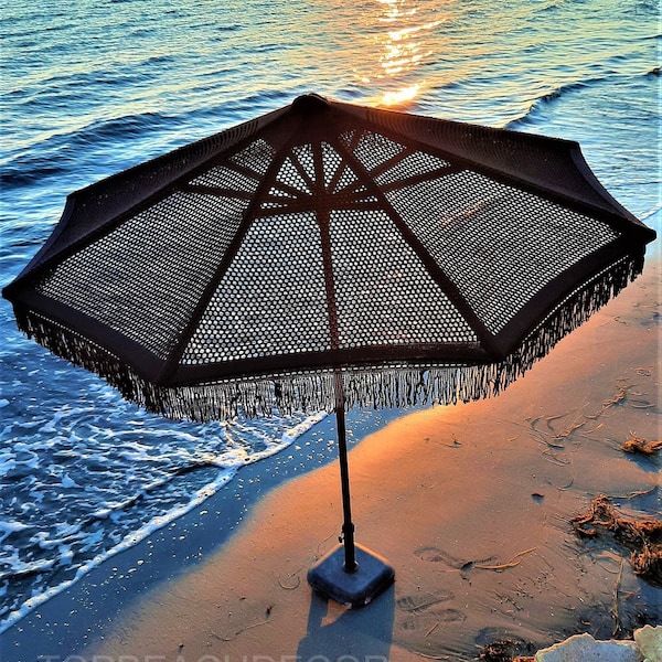 Macrame Boho Beach Parasol With Black Cotton Yarn Canopy With Fringe - Foldable Balinese Style Outdoor Umbrella