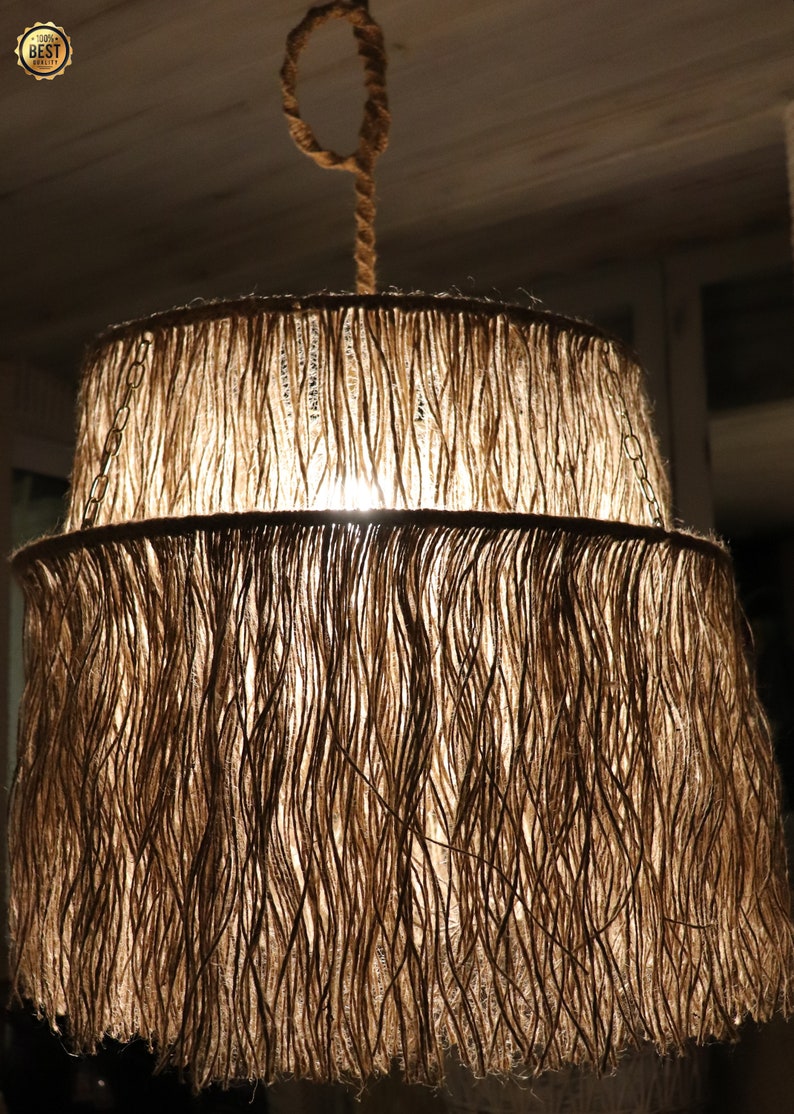 Boho Pendant Light, Jute Fringe Chandelier, Naturalistic Ceiling Lighting, Beach Style Light Fixture zdjęcie 6