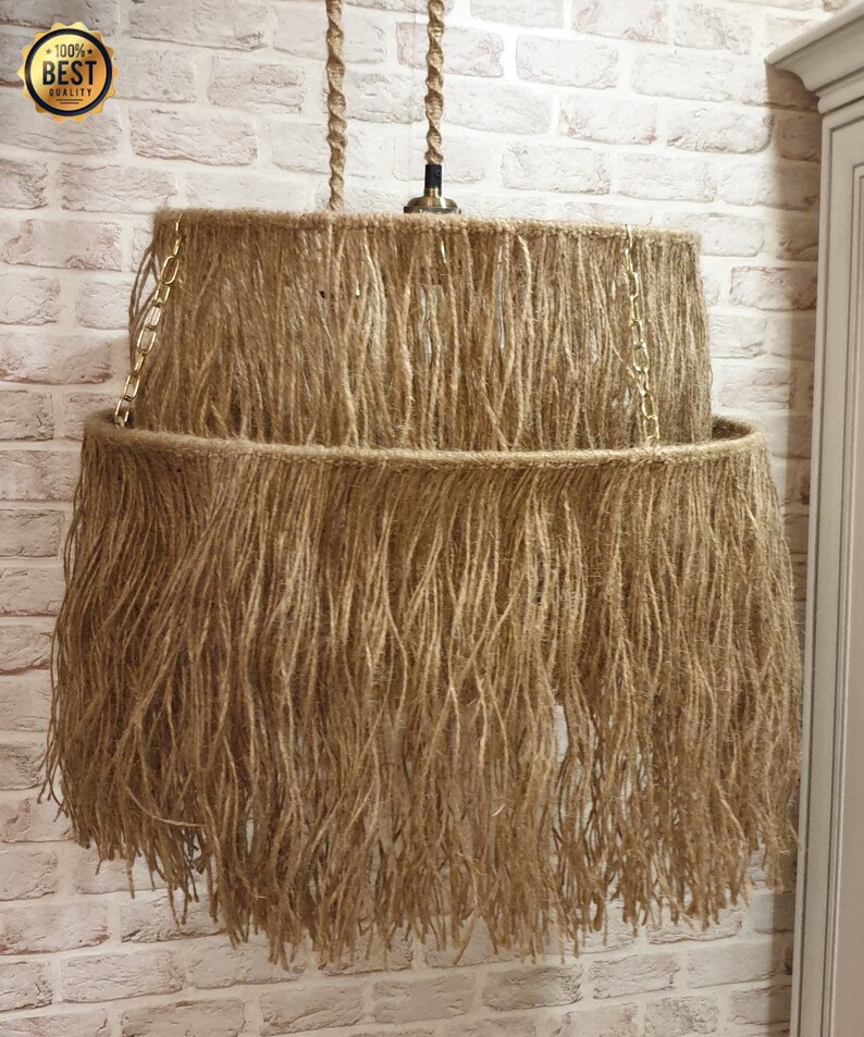 Boho Pendant Light, Jute Fringe Chandelier, Naturalistic Ceiling Lighting, Beach Style Light Fixture zdjęcie 2