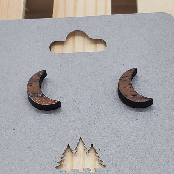 Micro Miniature Crescent Moon Post Earrings - Walnut Hardwood - Stainless Steel Posts