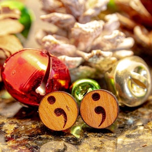 Stud Earrings - Semicolon - Walnut - Cherry - Hickory - Wood - Stainless Steel - Hypoallergenic
