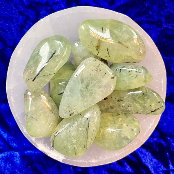 Prehnite tumble stone + epidote inclusions + gemstone + healing + reiki + chakra