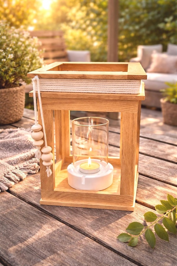 Holzlaterne aus Eichenholz – handgefertigtes Windlicht für Garten, Balkon und Terrasse