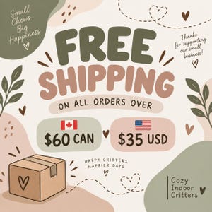 May include: A graphic advertisement featuring the text "FREE SHIPPING ON ALL ORDERS OVER" with "$60 CAN" next to a Canadian flag and "$35 USD" next to an American flag. A brown cardboard box with a heart icon sits below, surrounded by leaf illustrations.