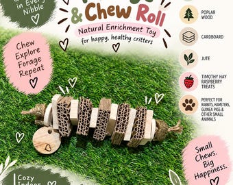 May include: A cylindrical enrichment toy for small animals featuring alternating segments of light-coloured wood, corrugated cardboard, and jute rope, with a round wooden tag attached. The text reads Forage & Chew Roll, Natural Enrichment Toy, and more.