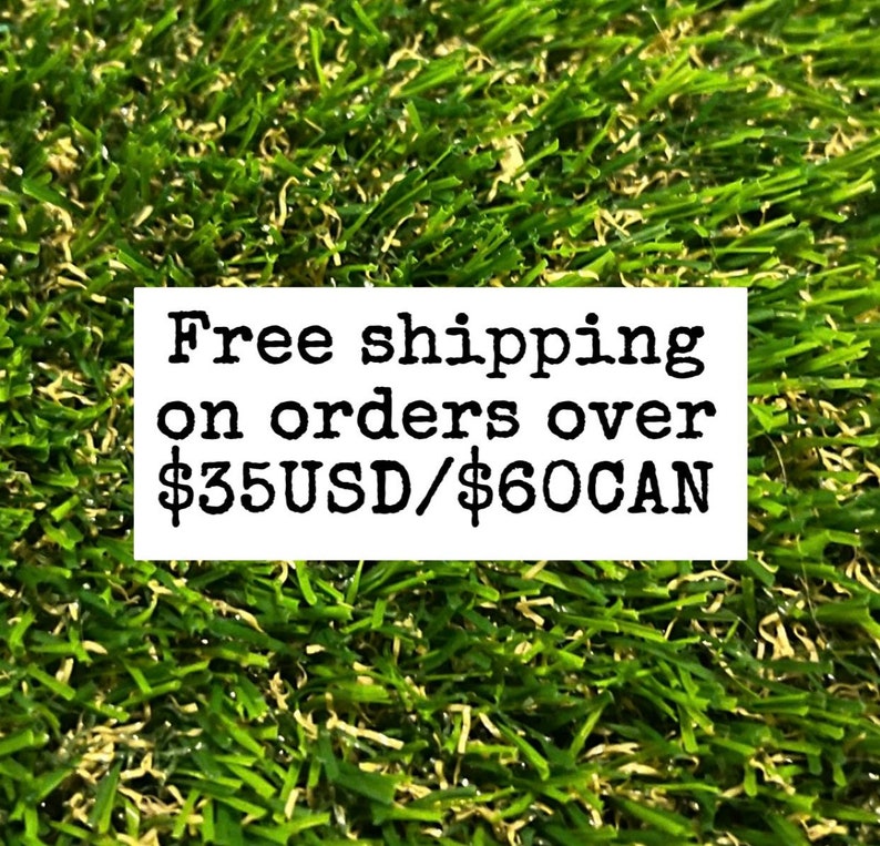 May include: Free shipping on orders over $35USD/$60CAN. Text is displayed on a green artificial grass background.