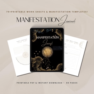 Könnte beinhalten: Ein digitales Tablet zeigt ein druckbares Manifestationsjournal mit schwarzem Hintergrund und goldenen Akzenten. Der Journal-Umschlag zeigt eine Sonne, Wolken und Sterne. Der Text "MANIFESTATION Journal" ist in goldener Schrift geschrieben. Das Tablet ist von zwei weiteren druckbaren Seiten umgeben, eine mit einem Gewohnheitstracker und die andere mit einem Neumondritual.