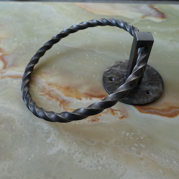 Rustic forged iron towel holder with twisted ring