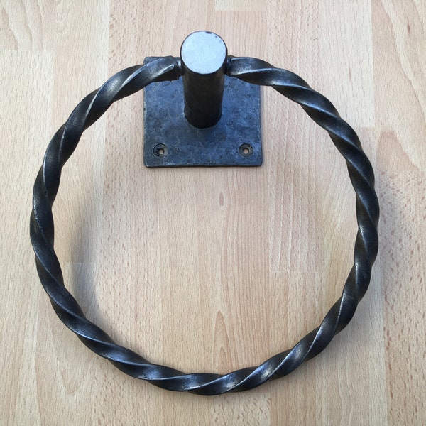 Rustic forged iron towel holder with twisted ring