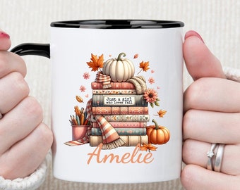 Custom Just a Girl Who Loves Fall Mug, Bookish Mug, Fall Autumn Cup, Gift for Book Lover, Literature Pumpkin  Mug, Personalized Name Mug