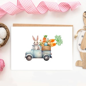 Carte postale de Pâques Lapin voiture avec carottes, Carte pour Pâques, Carte postale aquarelle, Décoration de Pâques DIN A6