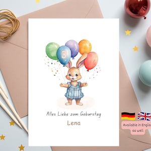 Personalisierte Geburtstagskarte, Hasenkarte, Glückshäschen Karte Aquarell Geburtstagskarte für Geburtstagswünsche mit individuellem Namen A6