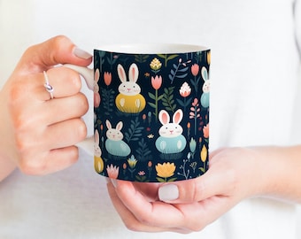 Rabbit Ceramic Coffee Mug: Easter Floral Design, Rabbit Lover Gift