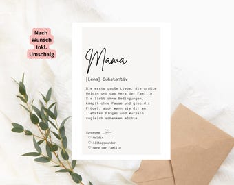 Lustige Definition karte Mama, Geschenkidee Muttertag, Wanddeko Geschenk zum Geburtstag, zur Geburt Personalisierte Karte mit Name, DinA6