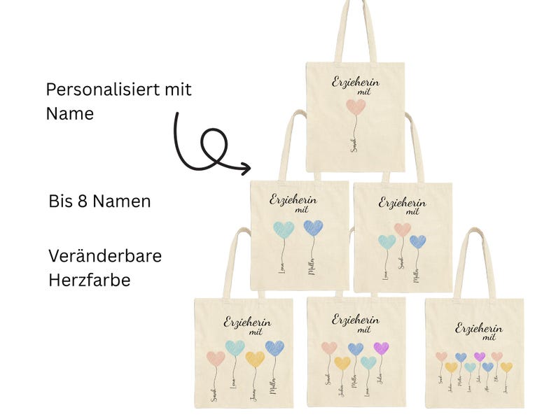 May include: Cream-colored tote bags with the text "Erzieherin mit" and heart-shaped balloon graphics in various colors. The bags are personalized with names and have customizable heart colors.