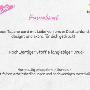 May include: A white background with text in German, including the words "Personalisiert" and "IMPORTANT" in pink. The text describes the design and printing of bags in Germany with high-quality materials and sustainable production.
