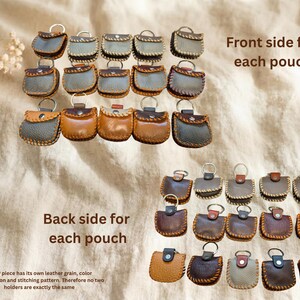May include: An assortment of small leather pouches in various colors, including gray, brown, and tan, with key rings attached. The image shows both the front and back sides of the pouches. Text on the image reads "Front side for each pouch" and "Back side for each pouch."
