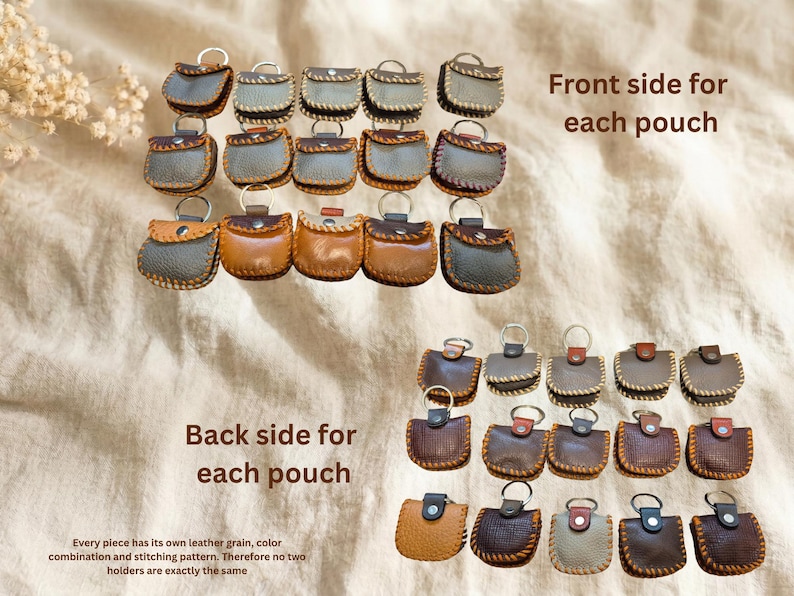 May include: An assortment of small leather pouches in various colors, including gray, brown, and tan, with key rings attached. The image shows both the front and back sides of the pouches. Text on the image reads "Front side for each pouch" and "Back side for each pouch."