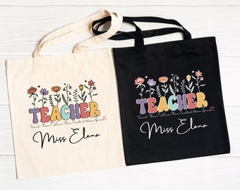 Custom Teacher Tote Name Bag, Teacher Appreciation Gift, Floral Tote Bag, Teachers Gift, Gift For Teacher, Teach Team Love Them Grow Canvas