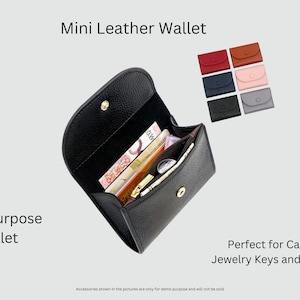 May include: Black mini leather wallet, open to display contents. The wallet is labeled "Multi Purpose Wallet" and "Mini Leather Wallet". A variety of small wallets in different colors are shown. The text says "Perfect for Cash Coins, Jewelry Keys and much more."