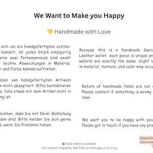 May include: White background with text: "We Want to Make you Happy" and "Handmade with Love." Text explains handmade leather wallets are unique, with slight variations. Returns are not accepted. Contact for issues. Bulk orders available.