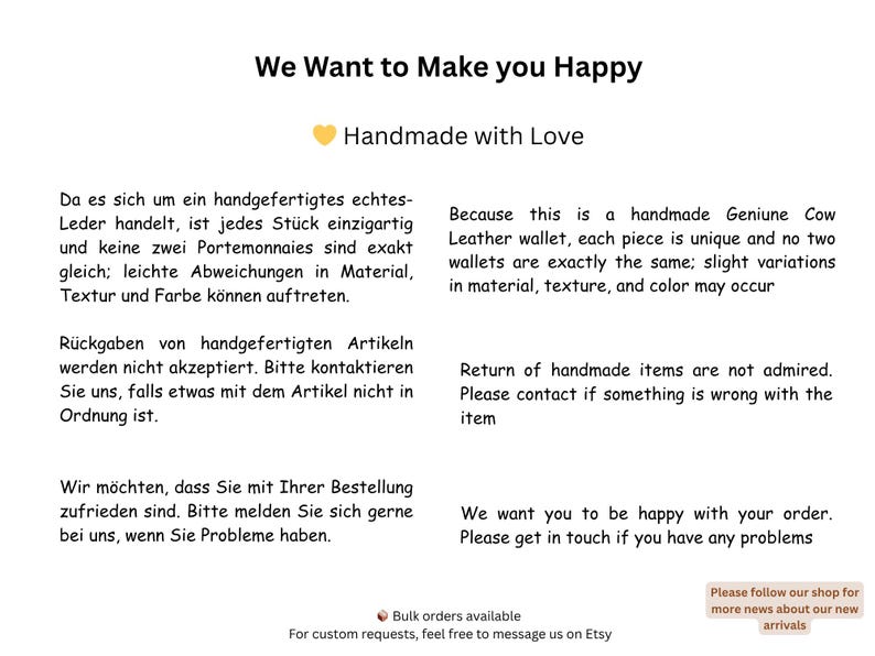 May include: White background with text: "We Want to Make you Happy" and "Handmade with Love." Text explains handmade leather wallets are unique, with slight variations. Returns are not accepted. Contact for issues. Bulk orders available.