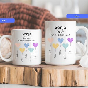 May include: Two white ceramic mugs with handles, one 11oz and one 15oz, are displayed. Each mug features the name "Sonja" and the German phrase "Danke f&uuml;r die sch&ouml;ne Zeit." Colorful heart-shaped balloons and names are printed below.