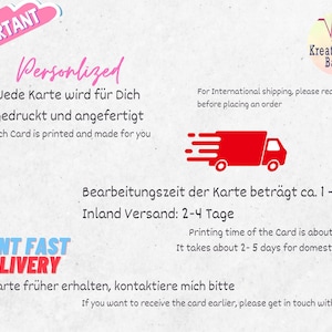 Peut inclure: Graphique avec du texte en anglais et en allemand, dont "Personnalis&eacute;" et "Chaque carte est imprim&eacute;e et faite pour vous." Un graphique de camion rouge est &eacute;galement pr&eacute;sent. Le texte mentionne &eacute;galement les d&eacute;lais d'impression et d'exp&eacute;dition.