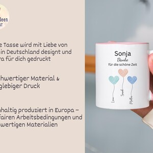 May include: White ceramic mug with a pink handle and rim, featuring the name "Sonja" and the words "Danke f&uuml;r die sch&ouml;ne Zeit." Three heart-shaped balloons in pastel colours are also displayed. The mug is held by a person.