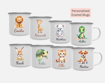 Personalized Animal Cup, Kid Mug with Animal Graphic, Gift for Children, Camping Mug, Name Mug, School Metal Ceramic Mug with Safari Animals