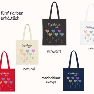 May include: Tote bags in red, natural, black, white, and navy blue, each featuring the text "Erzieherin mit" and a design of colorful heart-shaped balloons. The bags have long handles.