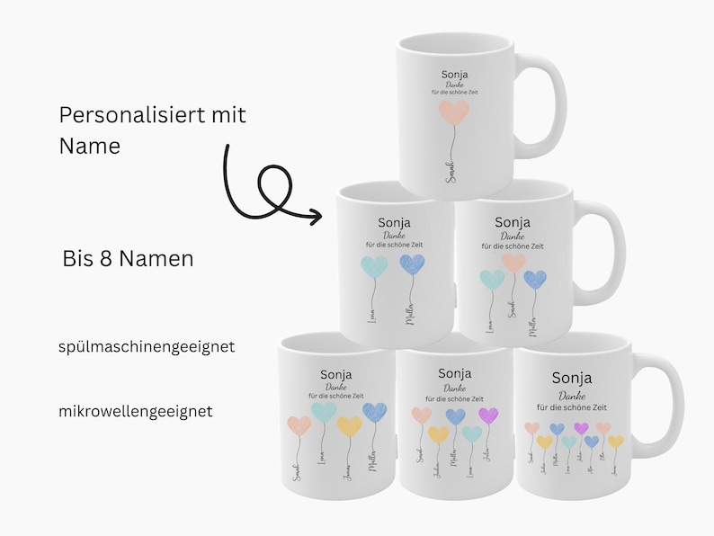 May include: White ceramic mugs with personalized text and colourful heart-shaped balloon designs. The mugs are labelled "Sonja" and "Danke f&uuml;r die sch&ouml;ne Zeit". The image also includes text that says "Personalised with Name" and "Up to 8 Names".