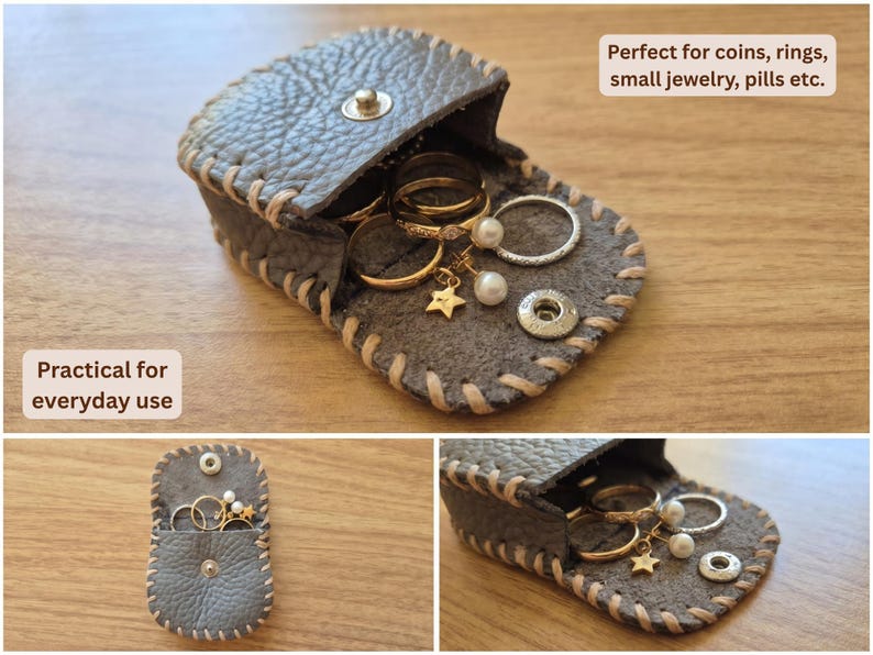 May include: A small, gray leather pouch with a snap closure, filled with rings and small jewelry. The pouch is stitched with a contrasting light-colored thread. The text "Practical for everyday use" and "Perfect for coins, rings, small jewelry, pills etc." are visible.