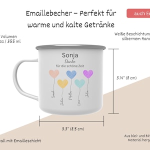 May include: White enamel mug with a silver rim, featuring the text "Sonja Danke f&uuml;r die sch&ouml;ne Zeit" and colorful heart-shaped balloons. The mug is 8.5 cm wide and 8 cm tall, holding 355 ml.