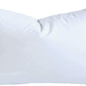 May include: A rectangular white pillow with a soft, fluffy appearance. The pillow is filled and has a smooth, clean surface. The pillow is designed for comfort and support, suitable for sleeping or lounging.
