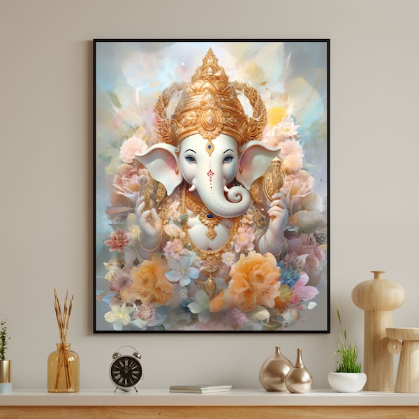 Ganesha digital wall art, Ganesh painting, Hindu Lord Ganesha wall decoration, Wall art, Hindu God photo Gift,Home decor, House warming gift