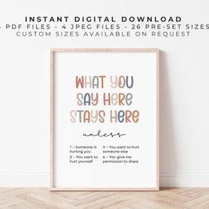 What You Say Here Stays Here | Earthy | Printable Confidentiality Poster Sign for Therapists, School Counselors & Social Workers