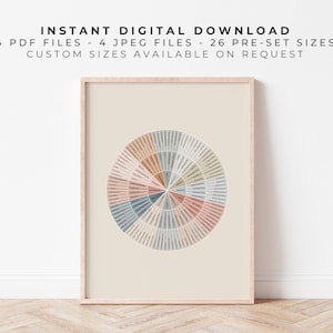 May include: A printable digital download of a colorful wheel chart with the text "INSTANT DIGITAL DOWNLOAD 4 PDF FILES - 4 JPEG FILES - 26 PRE-SET SIZES CUSTOM SIZES AVAILABLE ON REQUEST".