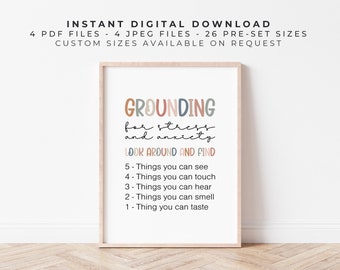 Grounding Technique | Earthy | Printable Mindfulness Poster for Coping with Stress and Anxiety, Breathing Exercises, Anxiety Relief