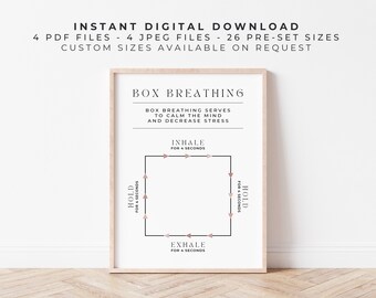 Box Breathing Technique | Peony Pink | Anxiety and Emotional Regulation Mindfulness Printable Poster for Therapy, Calming & Stress Relief