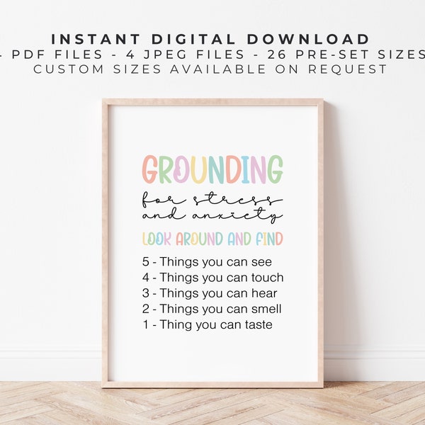 Grounding Technique | Pastel Rainbow | Printable Mindfulness Poster for Coping with Stress and Anxiety, Breathing Exercises, Anxiety Relief